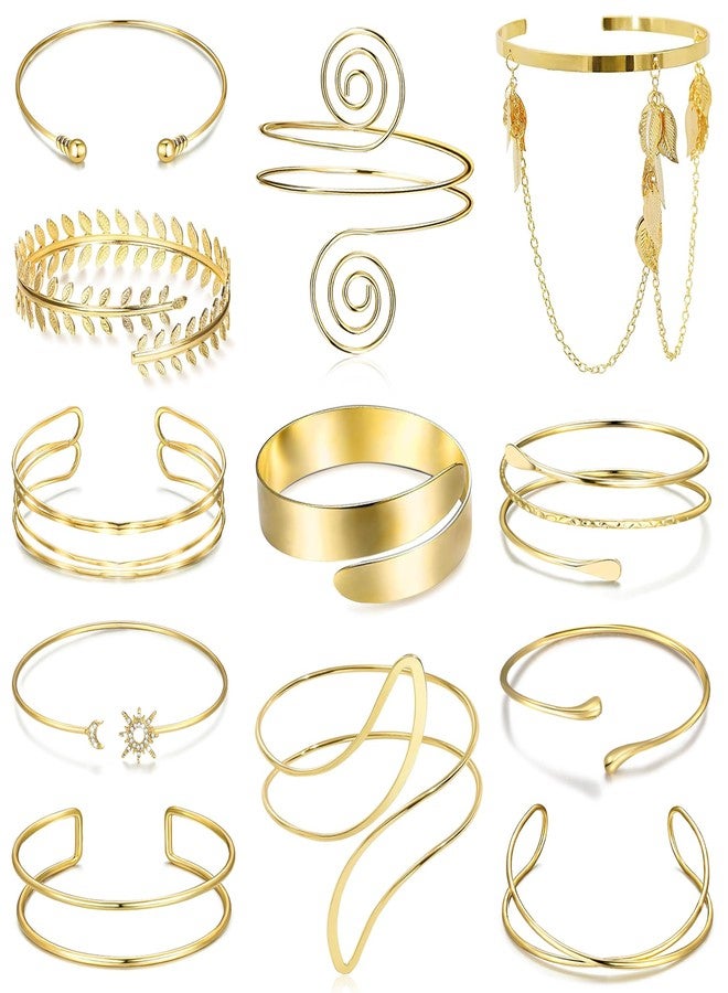 MEDOJO 12 Pcs Arm Cuff Bracelets for Women Minimalist Golden Upper Arm Cuff Bangle Bracelet Open Adjustable Golden Arm Bracelet Set - Image 1